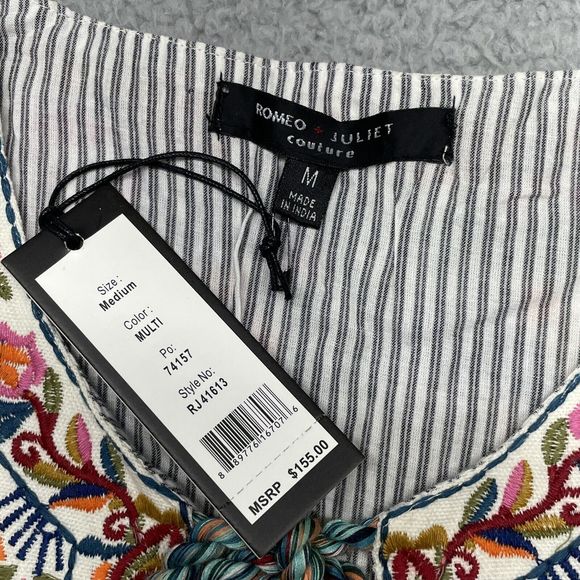 Boho Blouse Womens Medium Blue Striped Embroidery Open Front Top Farmhouse NWT - Picture 9 of 15